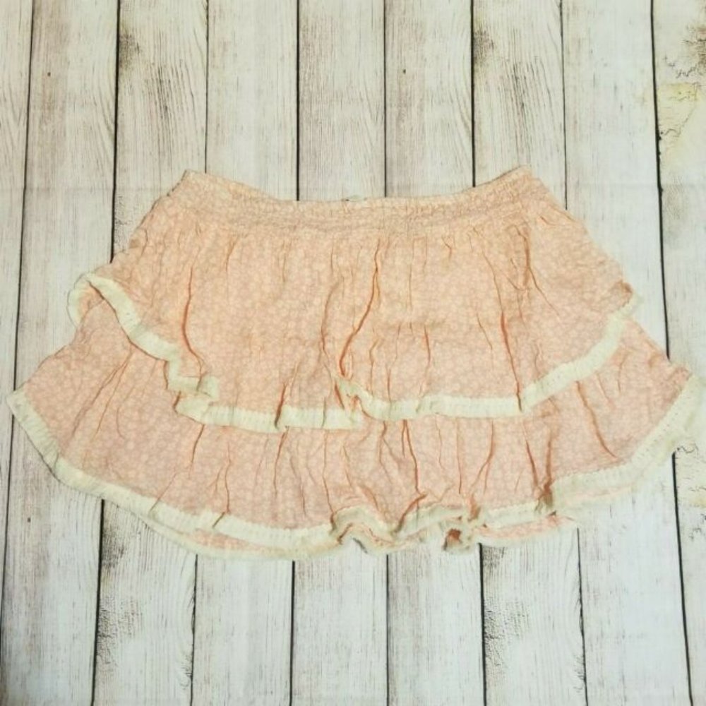 Cool Change Women Pink Ruffle Skirt White Flowers Fringe size L NWT